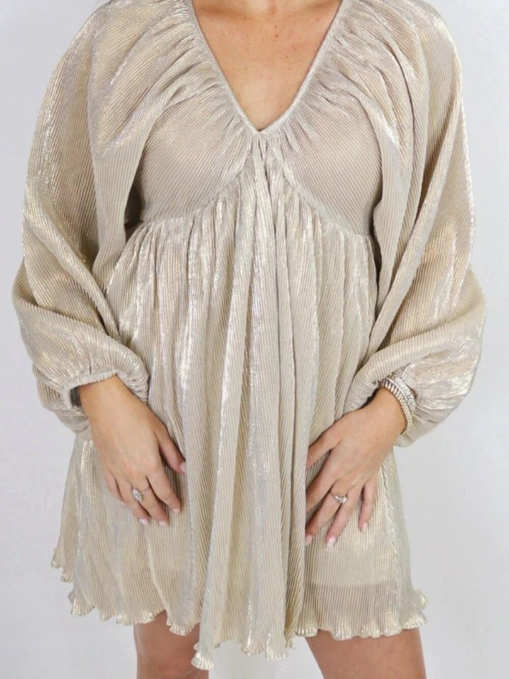 Gold Babydoll Dress Pleated Mini M Puff Sleeves Gold Shimmer Party Elle Blue M
